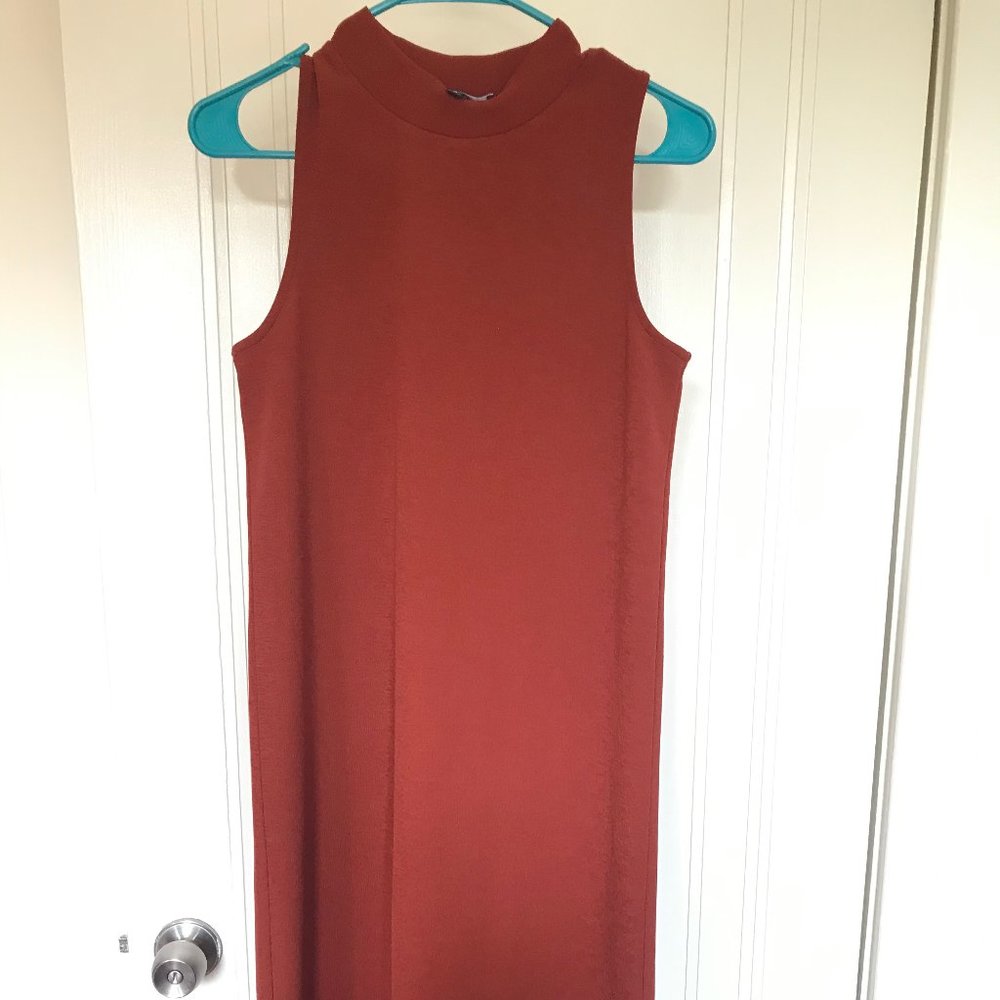 Tranquil Rust Orange Mock Neck Button-Back Midi D… - image 4